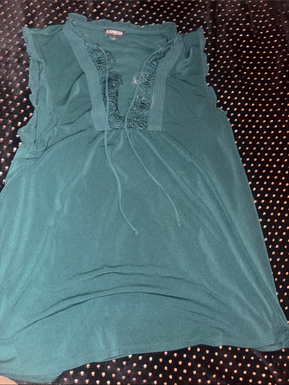 Express Teal Lace-Trim Tie-Neck Sleeveless Top